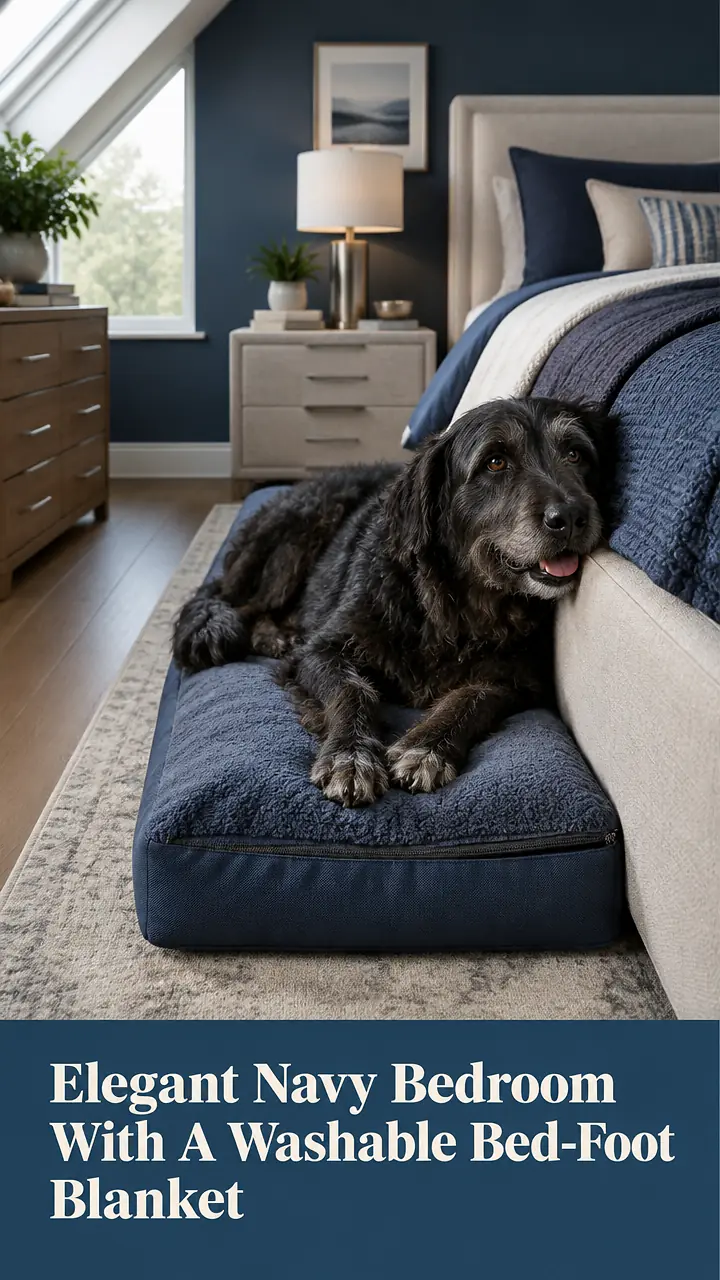 Elegant Navy Bedroom With A Washable Bed-Foot Blanket