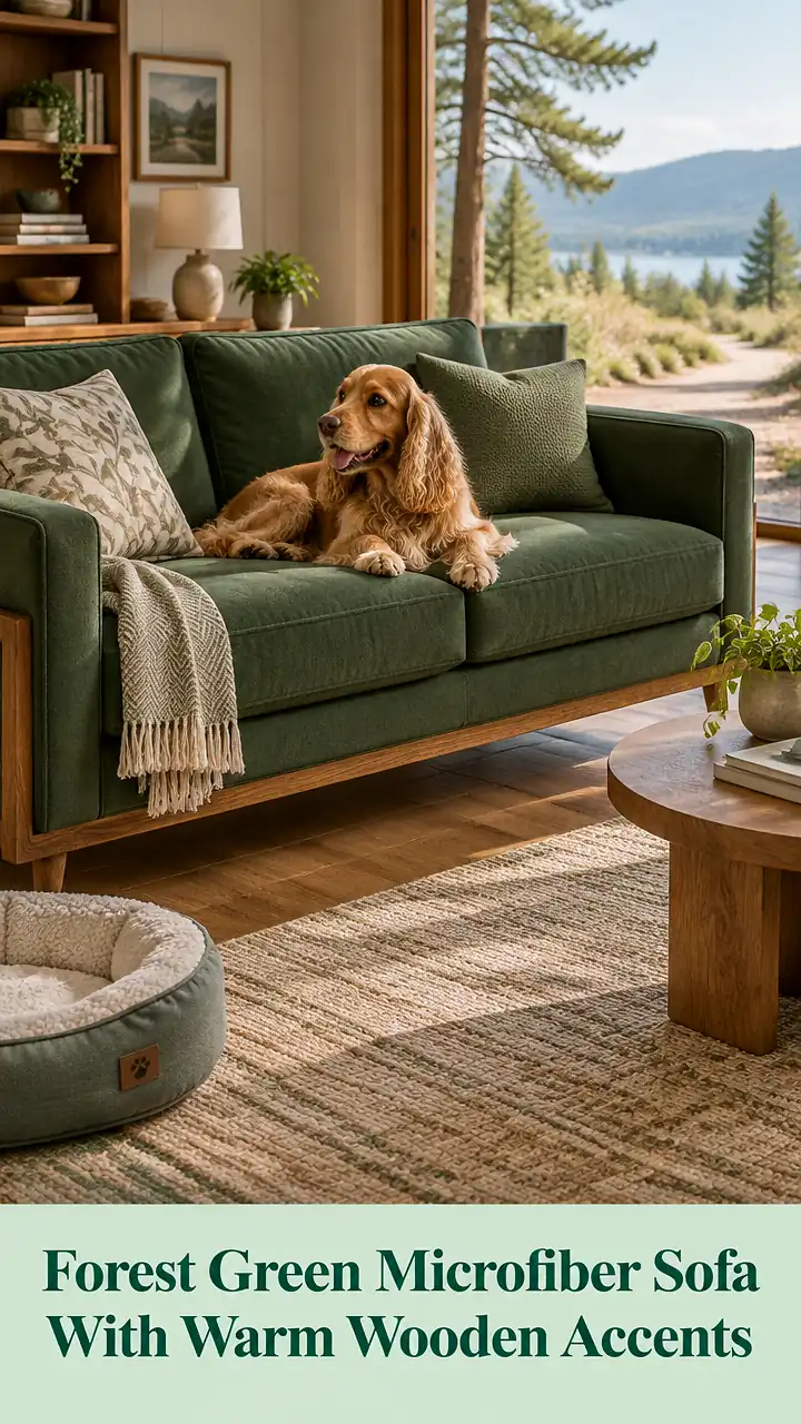 Forest Green Microfiber Sofa With Warm Wooden Accents