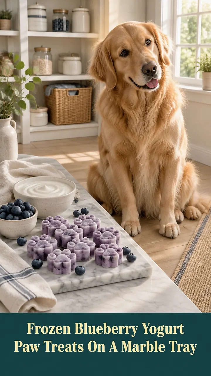 Frozen Blueberry Yogurt Paw Treats On A Marble Tray
