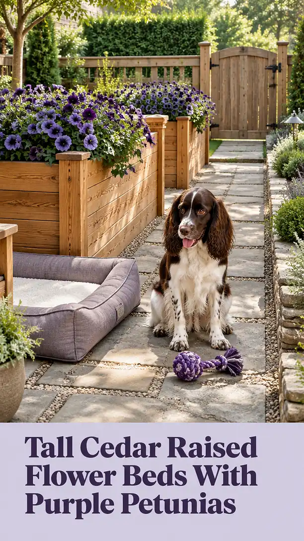 Tall Cedar Raised Flower Beds With Purple Petunias