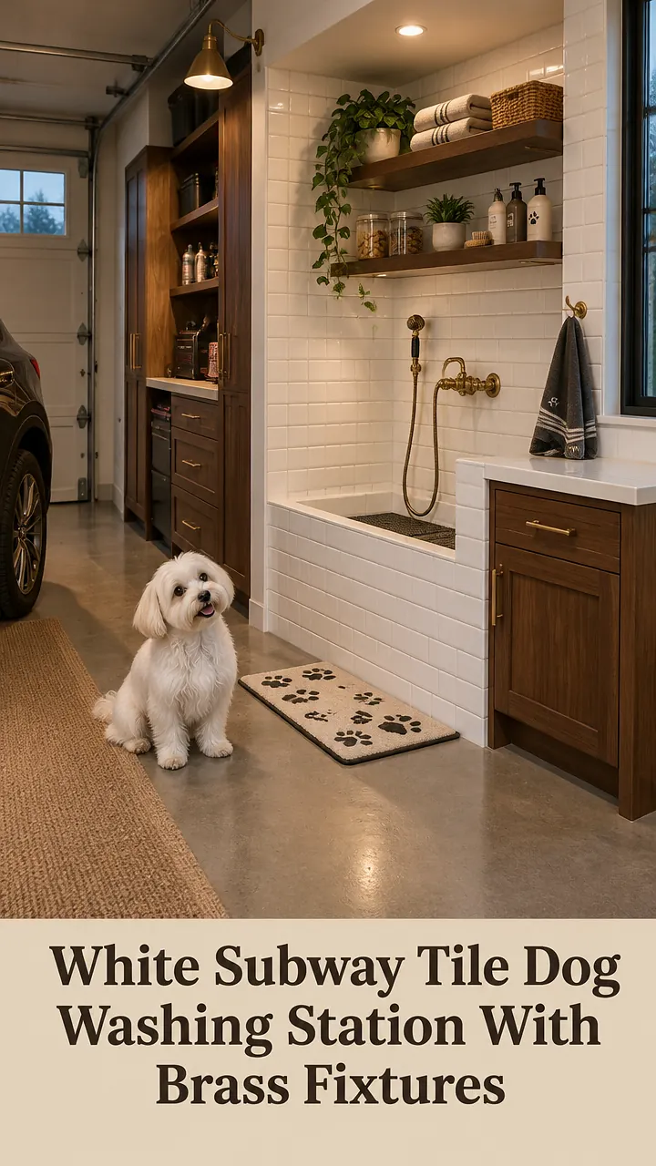 White Subway Tile Dog Washing Station With Brass Fixtures