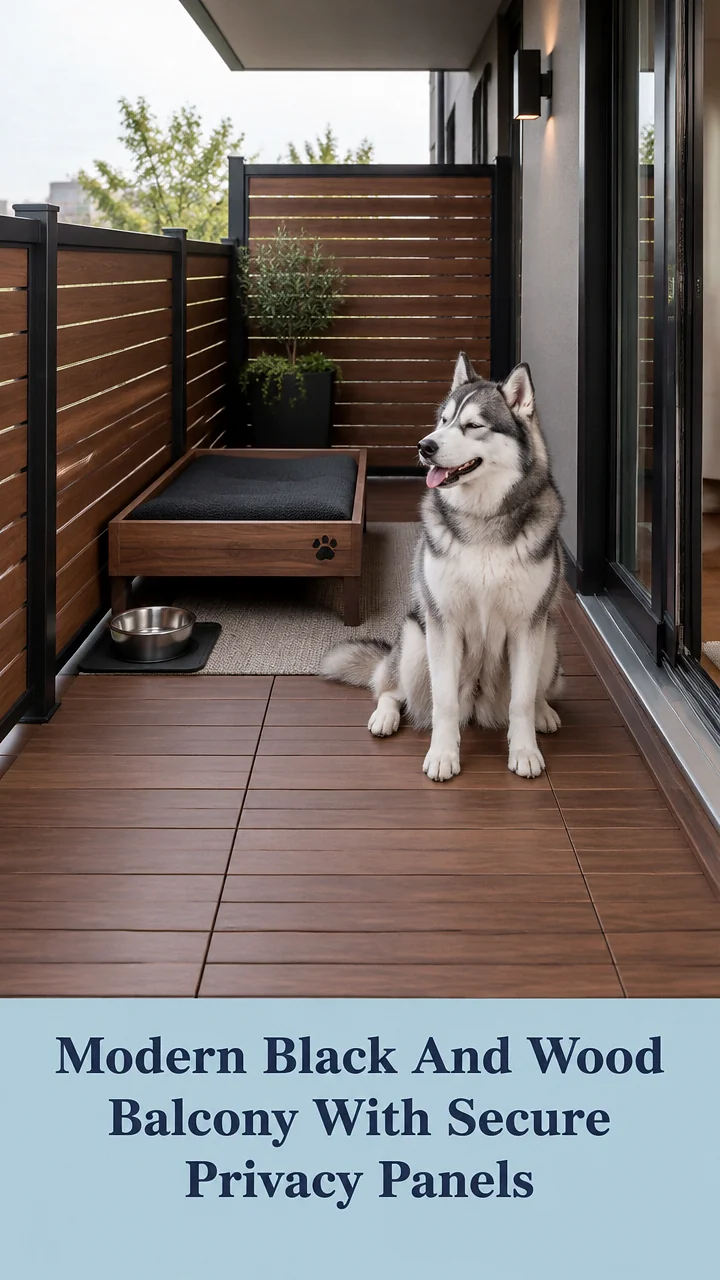 Modern Black And Wood Balcony With Secure Privacy Panels