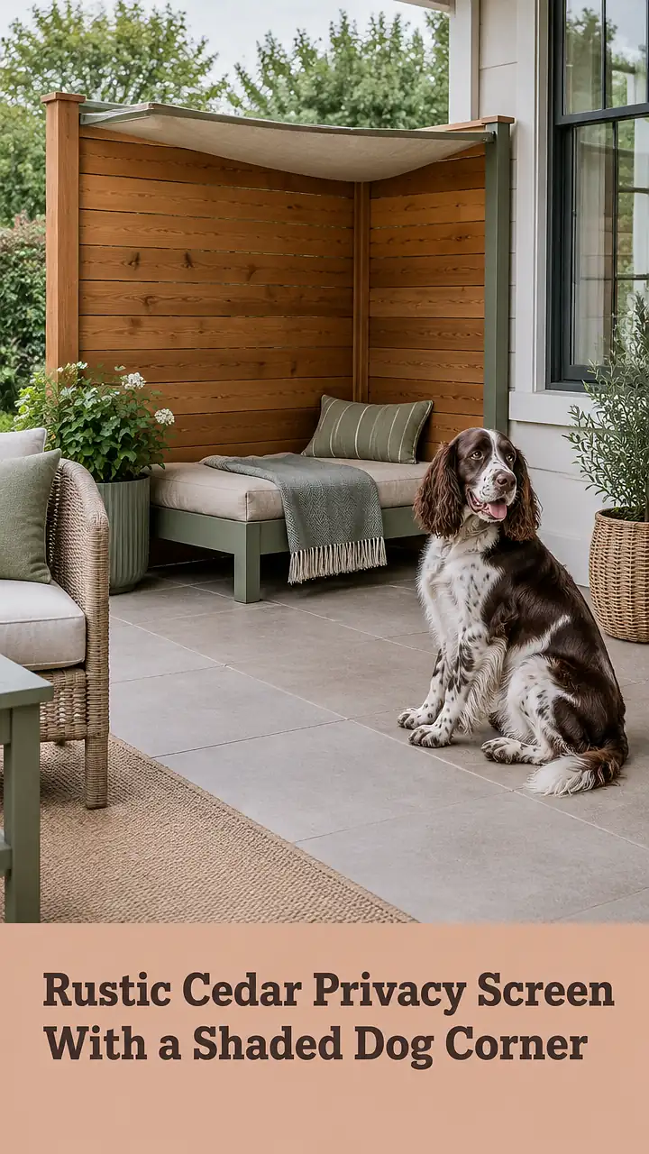 Rustic Cedar Privacy Screen With a Shaded Dog Corner