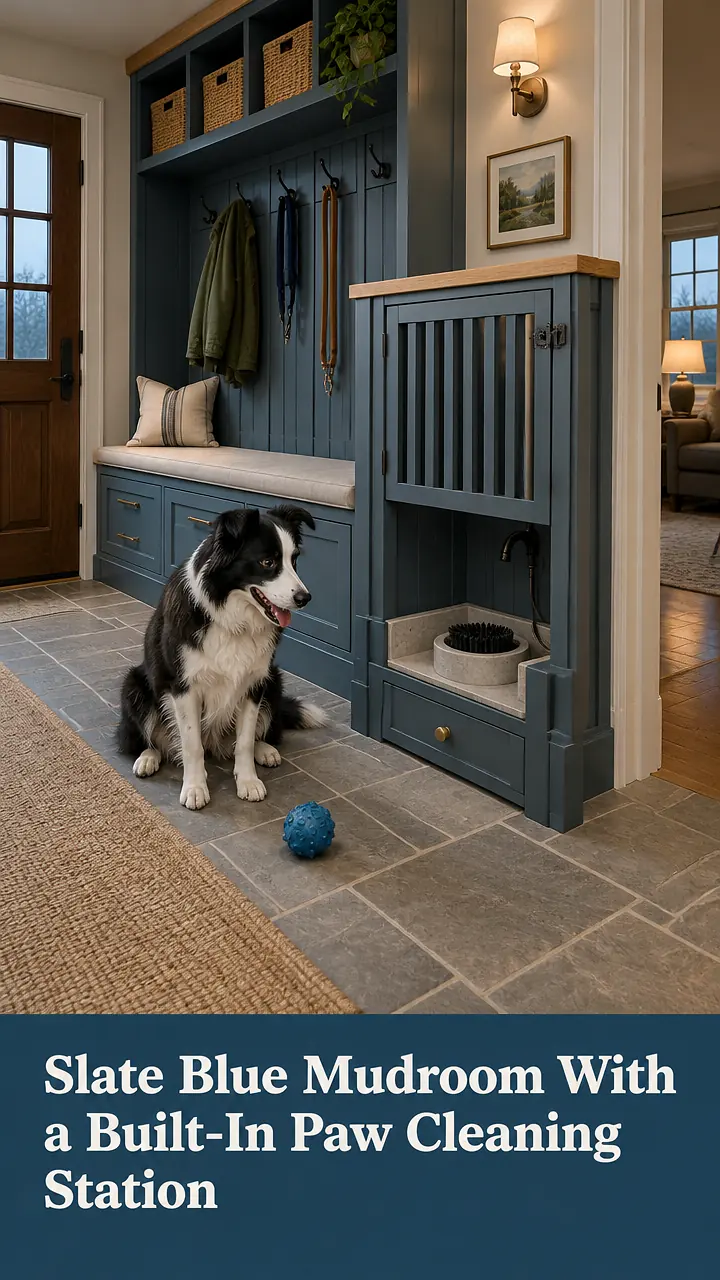 Slate Blue Mudroom With a Built-In Paw Cleaning Station