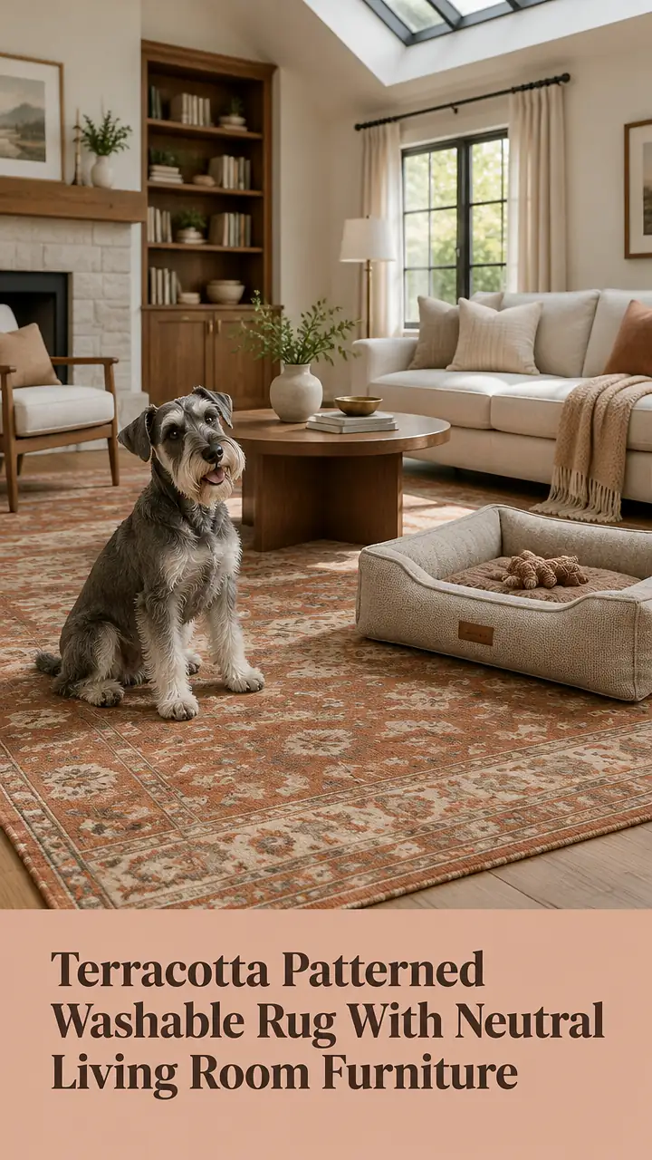Terracotta Patterned Washable Rug With Neutral Living Room Furniture