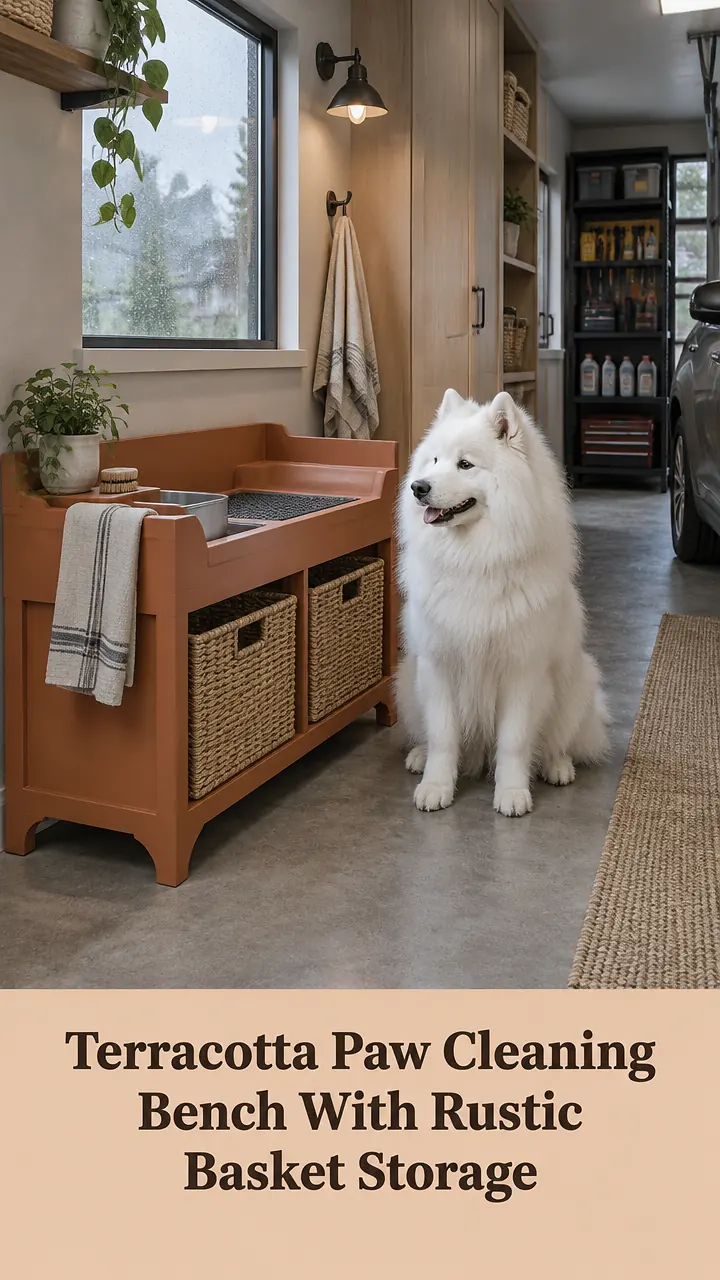 Terracotta Paw Cleaning Bench With Rustic Basket Storage