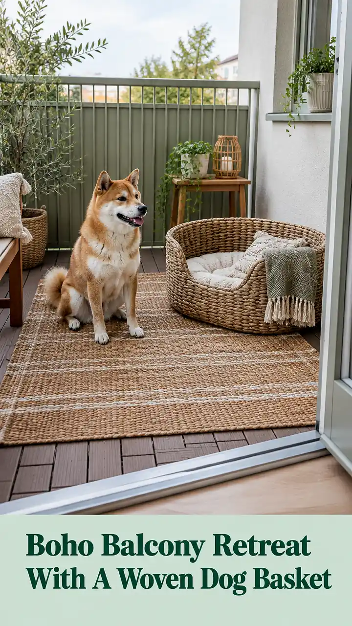 Boho Balcony Retreat With A Woven Dog Basket