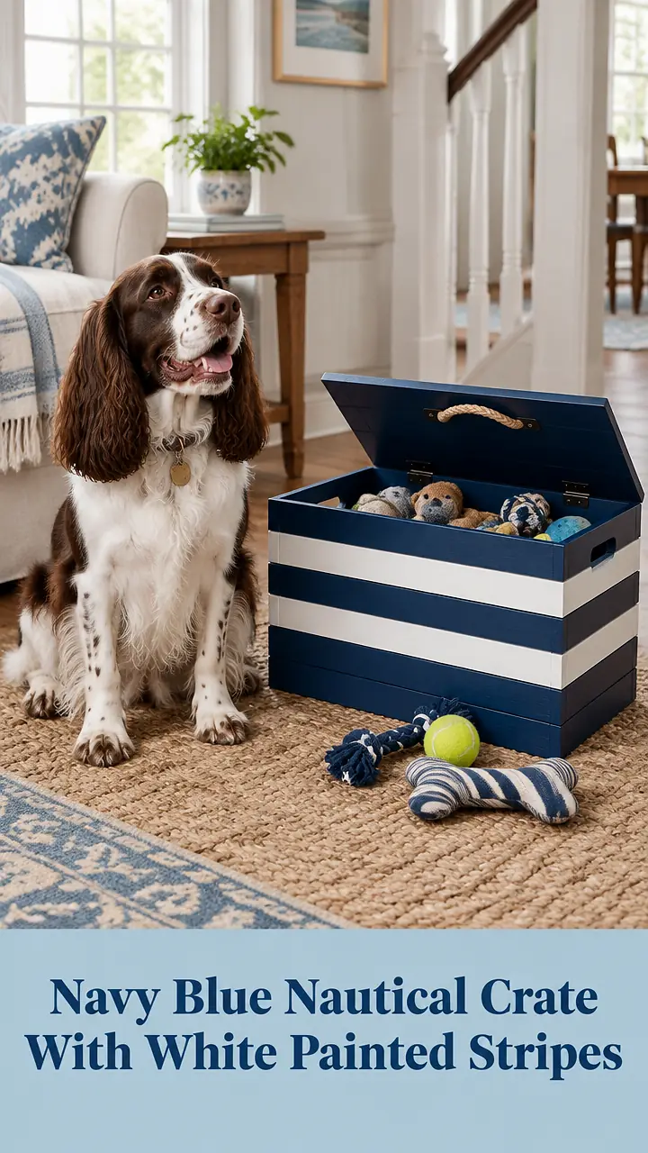 Navy Blue Nautical Crate With White Painted Stripes