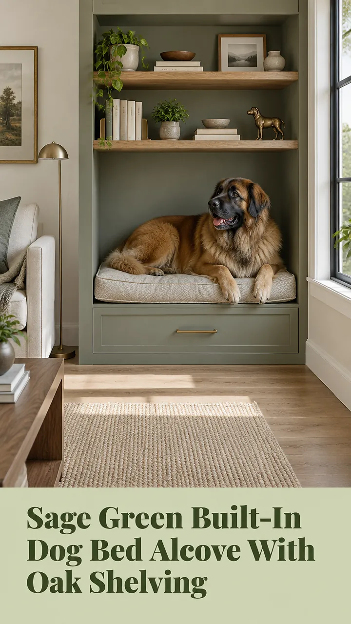 Sage Green Built-In Dog Bed Alcove With Oak Shelving