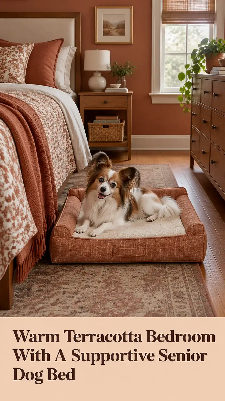Warm Terracotta Bedroom With A Supportive Senior Dog Bed