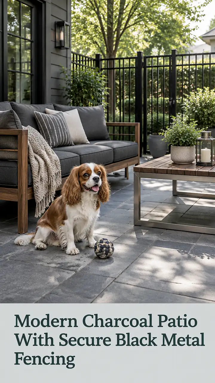 Modern Charcoal Patio With Secure Black Metal Fencing