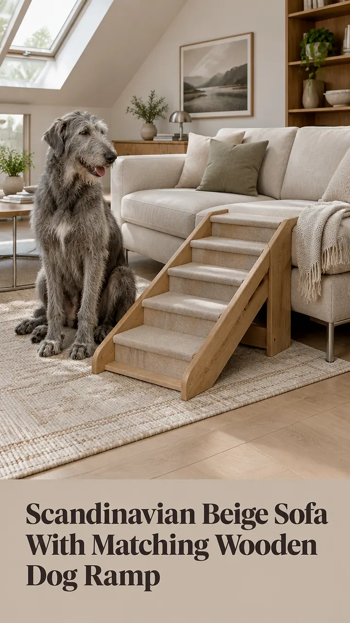 Scandinavian Beige Sofa With Matching Wooden Dog Ramp