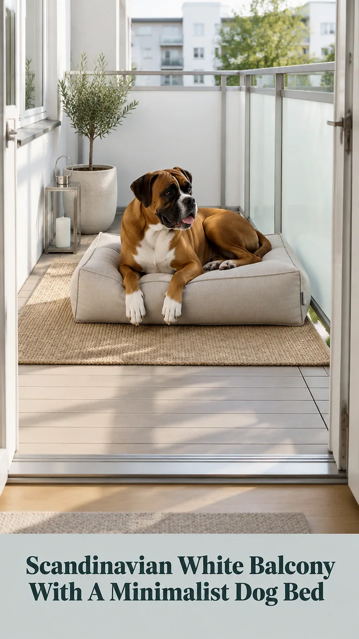 Scandinavian White Balcony With A Minimalist Dog Bed