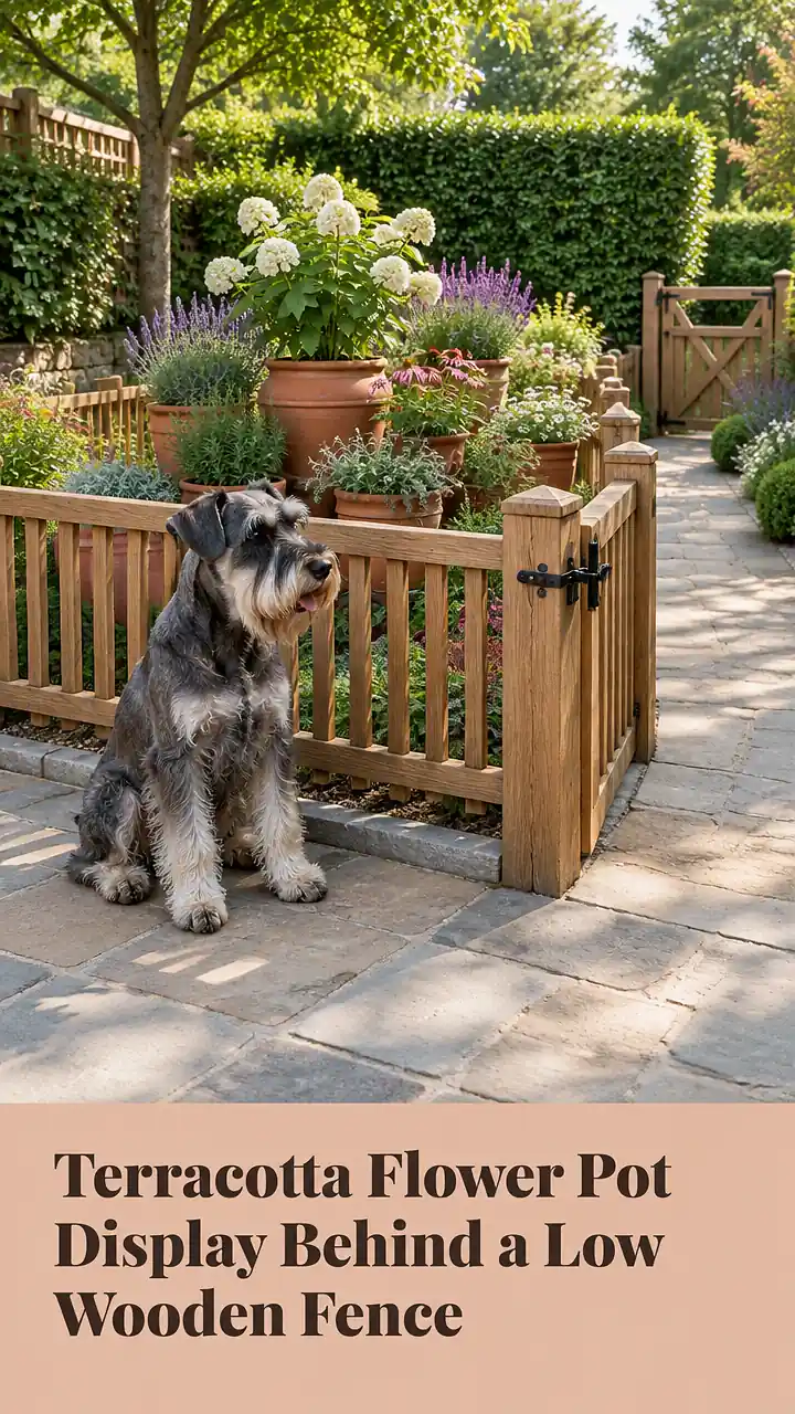 Terracotta Flower Pot Display Behind a Low Wooden Fence