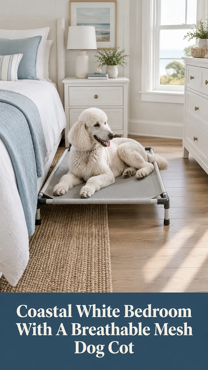 Coastal White Bedroom With A Breathable Mesh Dog Cot