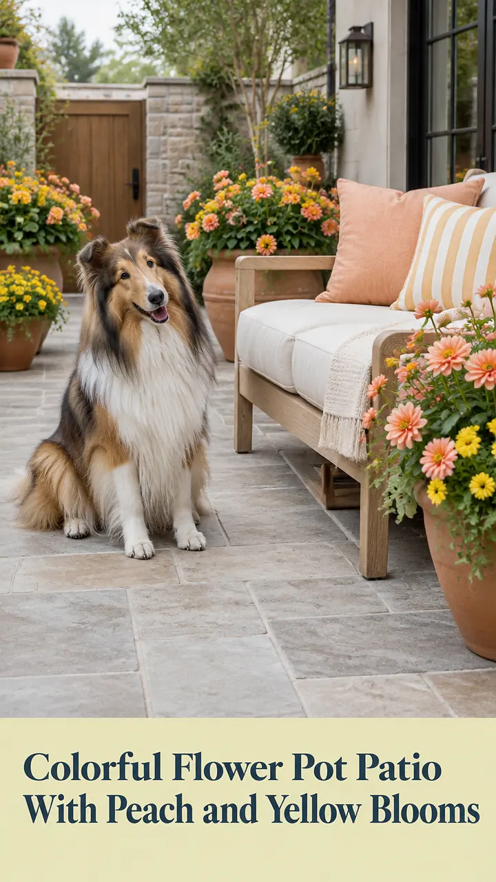Colorful Flower Pot Patio With Peach and Yellow Blooms
