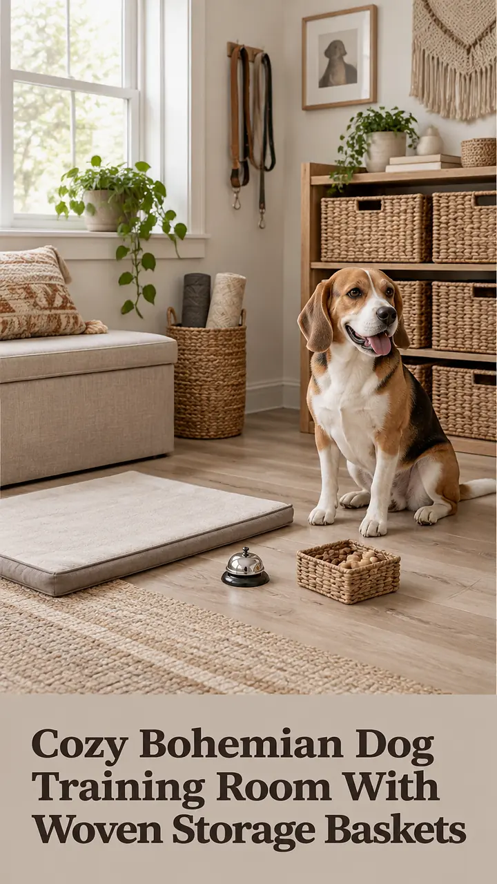 Cozy Bohemian Dog Training Room With Woven Storage Baskets