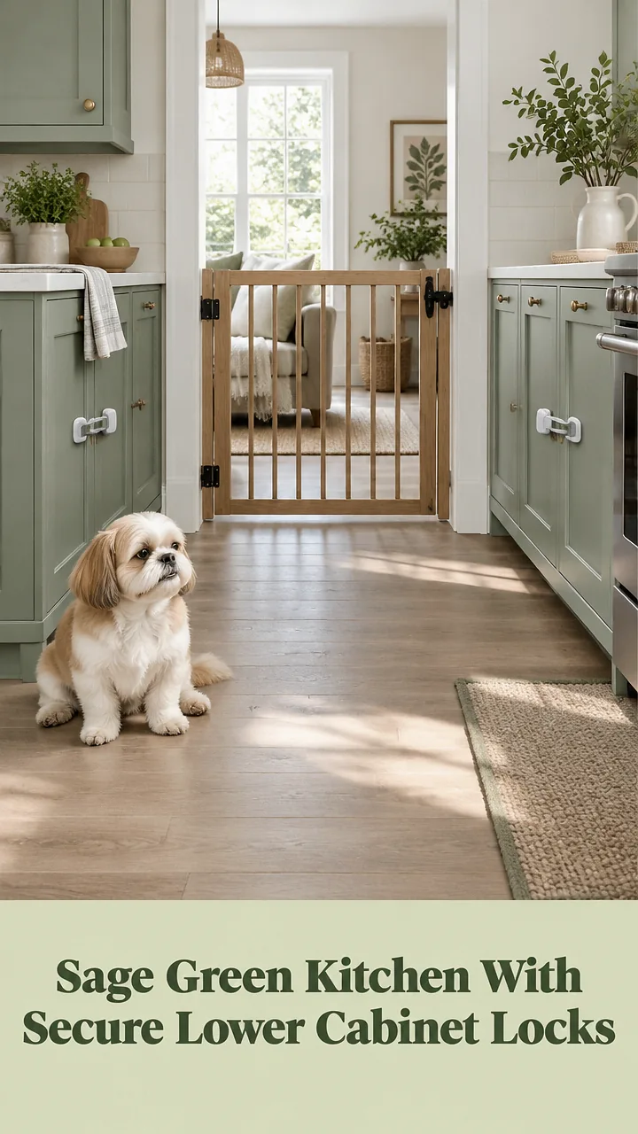 Sage Green Kitchen With Secure Lower Cabinet Locks