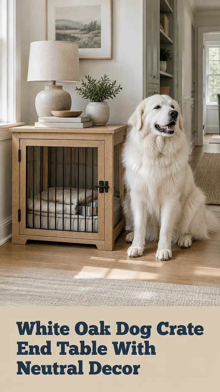 White Oak Dog Crate End Table With Neutral Decor