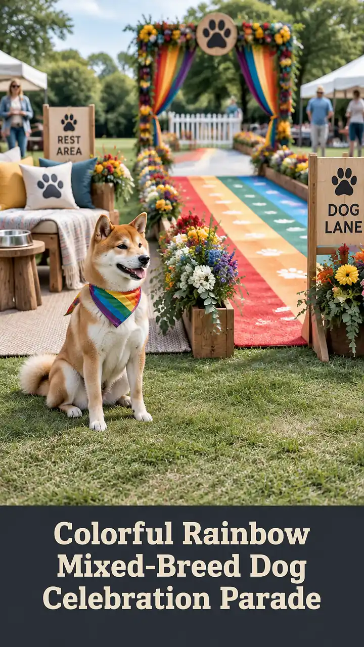 Colorful Rainbow Mixed-Breed Dog Celebration Parade