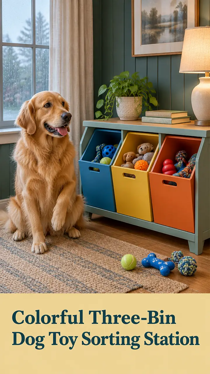 Colorful Three-Bin Dog Toy Sorting Station