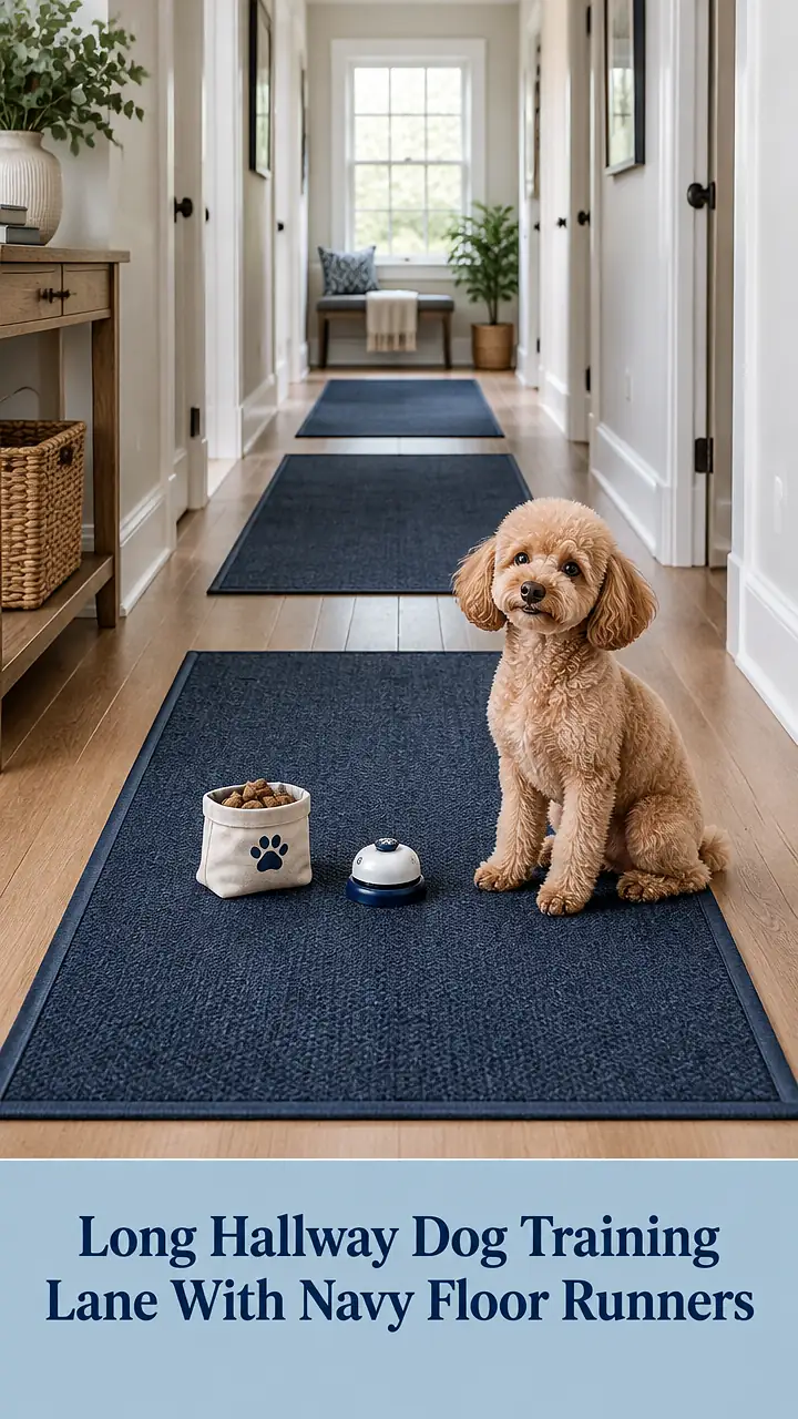 Long Hallway Dog Training Lane With Navy Floor Runners