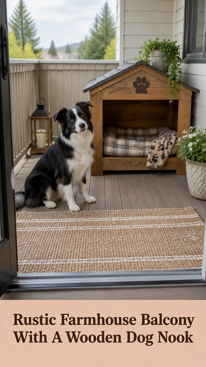 Rustic Farmhouse Balcony With A Wooden Dog Nook