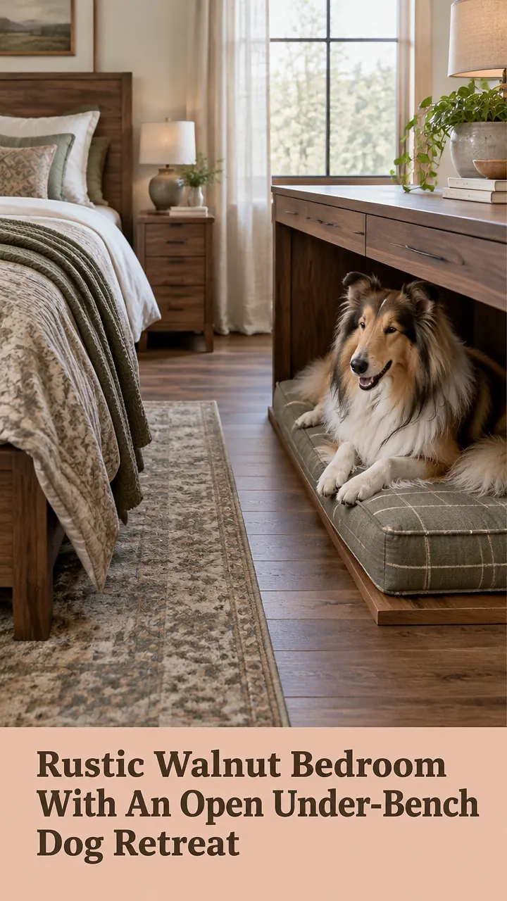 Rustic Walnut Bedroom With An Open Under-Bench Dog Retreat
