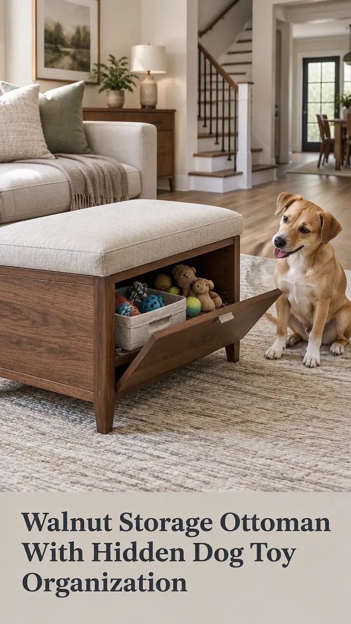 Walnut Storage Ottoman With Hidden Dog Toy Organization