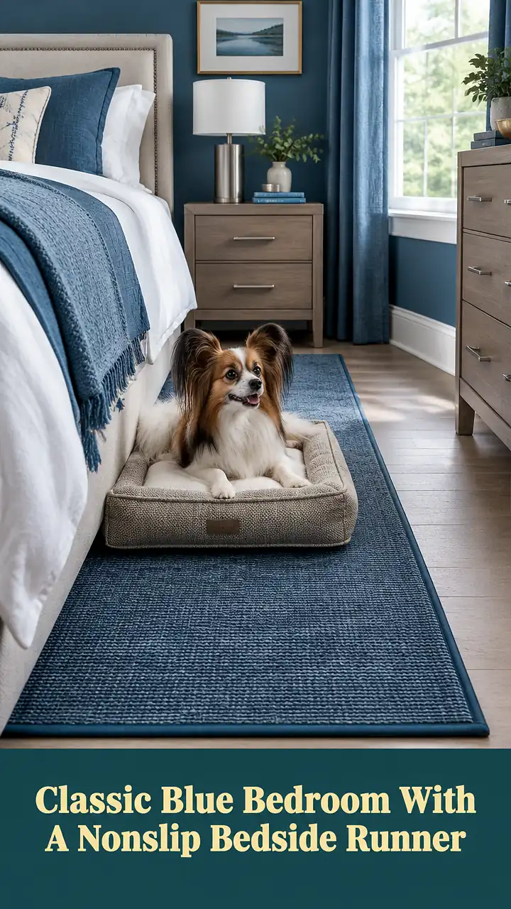 Classic Blue Bedroom With A Nonslip Bedside Runner